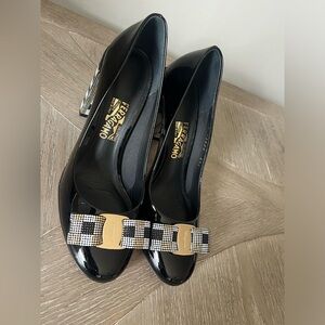 SOLD Ferragamo Black Women’s Block Shoes 36.5 With Silver Gold Black Accents
